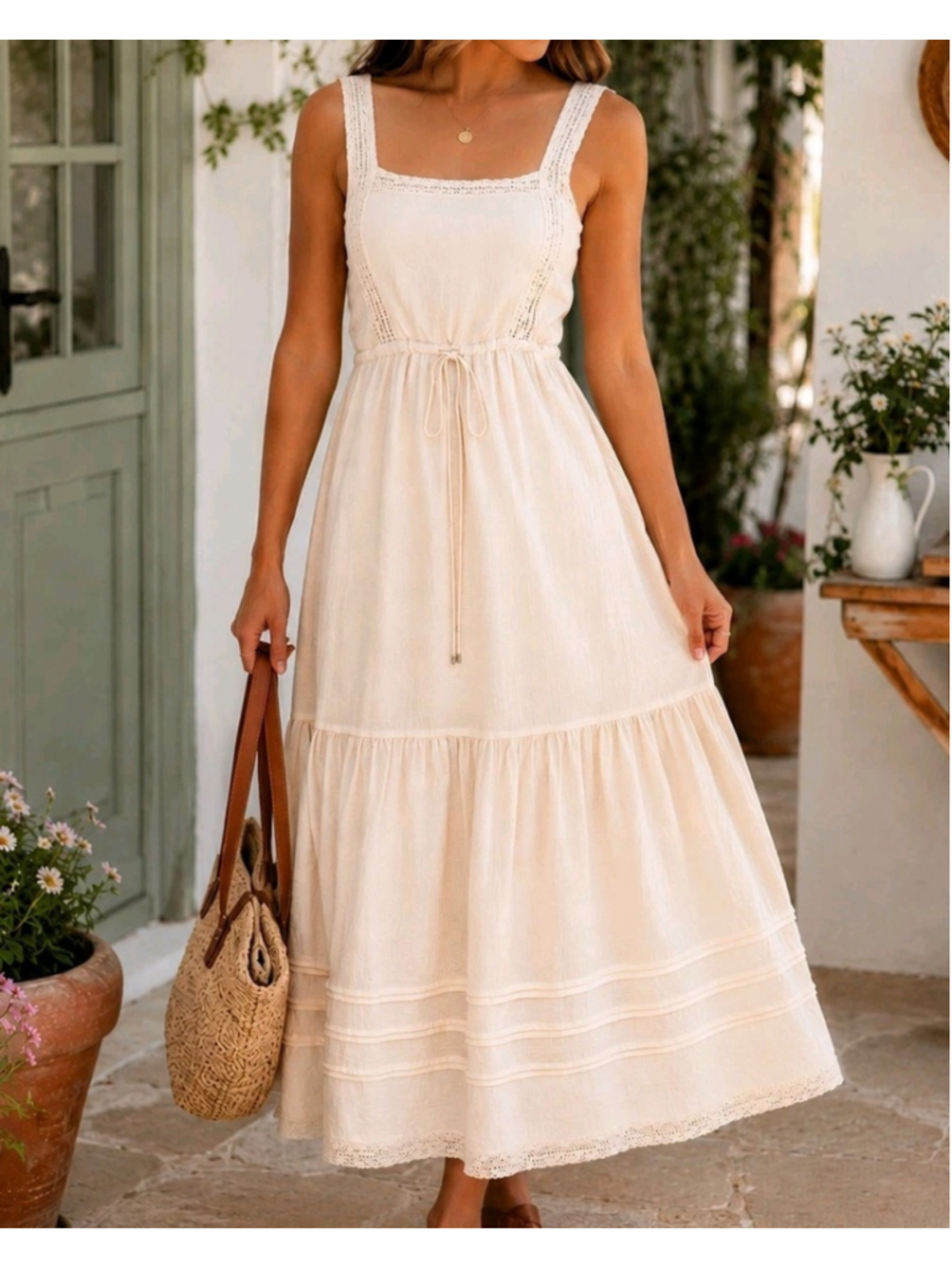 Petal + Pup Cream Lace Trim Midi Dress US 4 Square Neck Tie Waist Boho Cottage